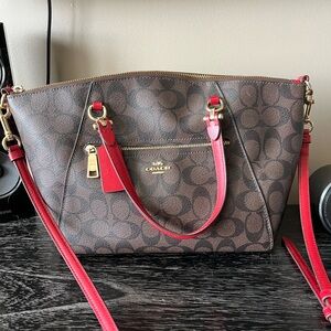Coach Brown and Red Crossbody Bag with Signature Monogram